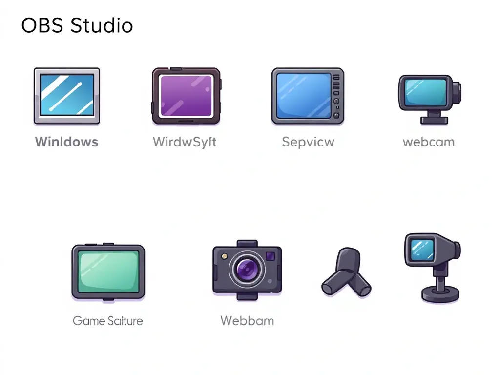 An image depicting various source options available in OBS Studio, such as window capture, game capture, and webcam input, demonstrating the software's flexibility in capturing different types of content.