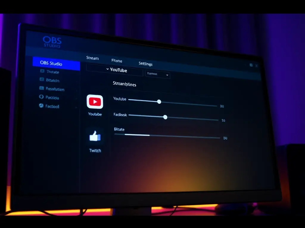 A visual representation of OBS Studio's streaming settings, showcasing the ability to connect to various platforms like YouTube, Twitch, and Facebook, with customizable bitrate and resolution options.