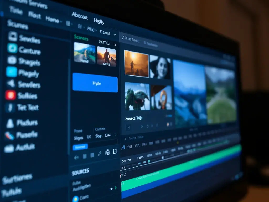 A screenshot of OBS Studio's interface, highlighting the scene creation panel with multiple sources layered in a complex arrangement, showcasing the software's ability to handle diverse content inputs.